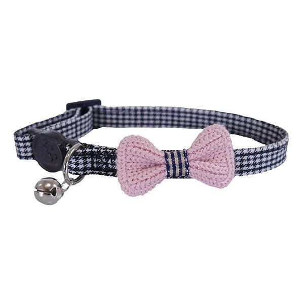 Chic Rosewood Pink Bow Dogtooth Cat Collar For Fashionable Pets