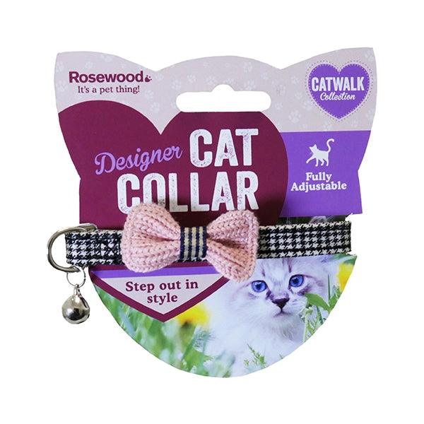 Chic Rosewood Pink Bow Dogtooth Cat Collar For Fashionable Pets