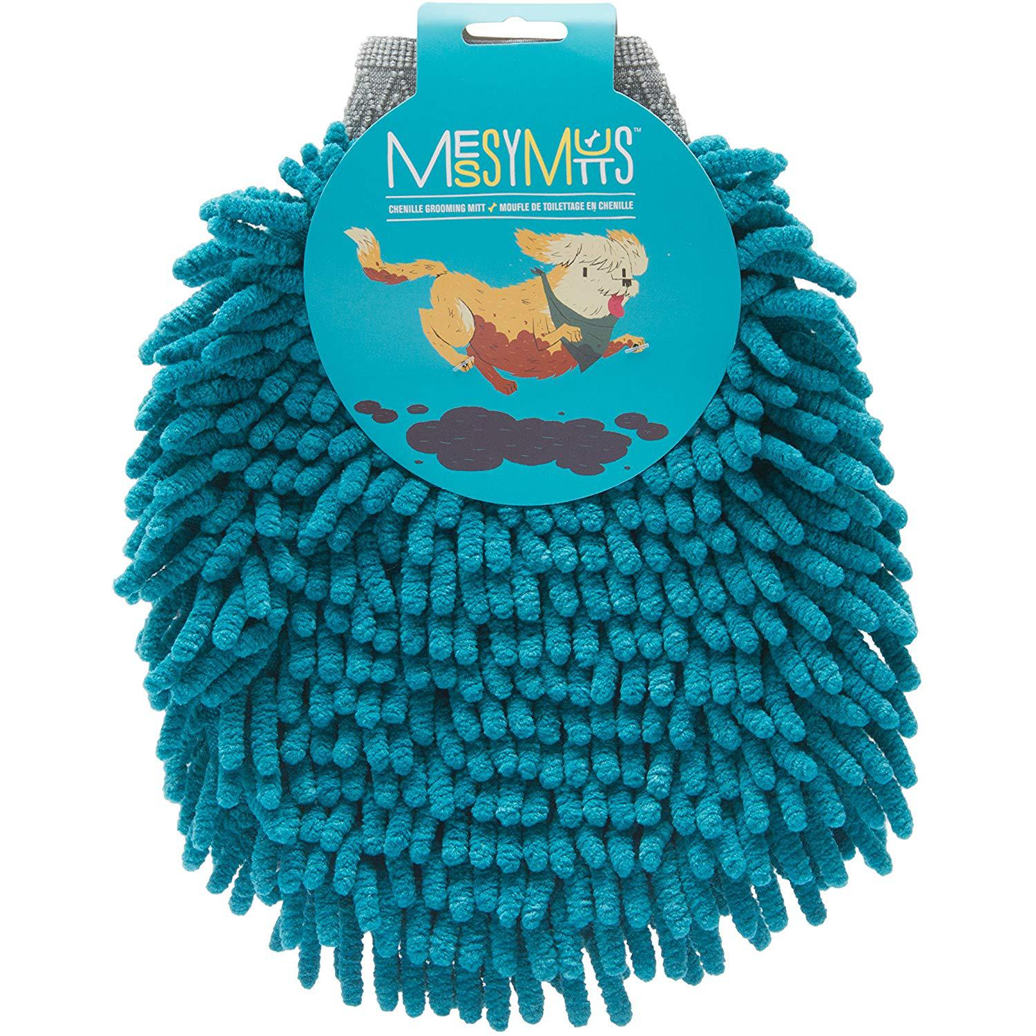 Messy Mutts Ultra-Soft Chenille Microfiber Dog Grooming Mitt In Striking Blue